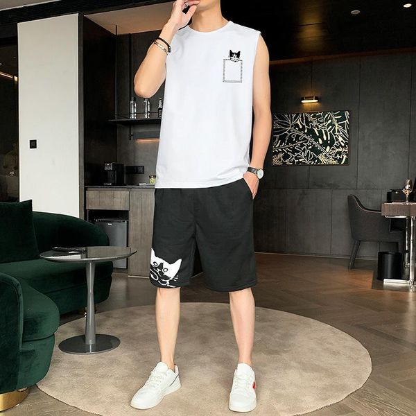 

men's tracksuits summer sleeveless vest shorts suit 2021 leisure sports quick drying white base coat, Gray