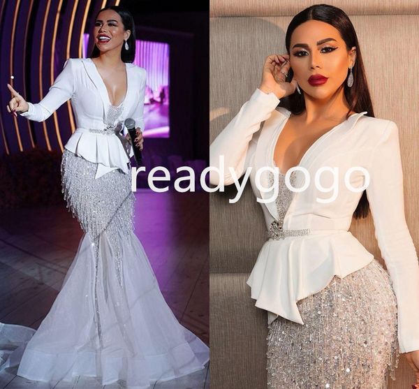 

white beading tassel evening dresses v neck full sleeve sequined ruffles skirt arabic dubai mermaid prom formal dress wear, Black;red