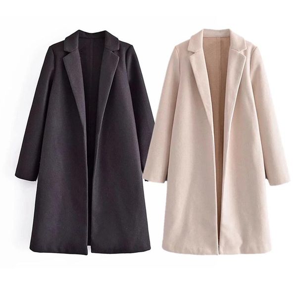 

women's wool & blends woman elegant black long pocket woolen coat 2021 autumn female solid open stitch coats office ladies basic outwea