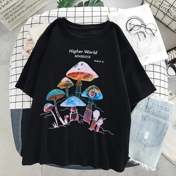 

harajuku colorful mushroom print women t shirts punk casual streetwear pullover ulzzang goth hip hop female fashion, White