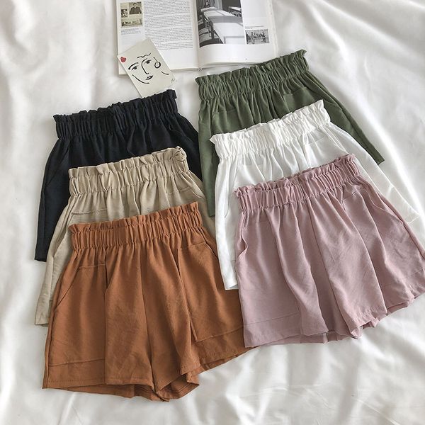 

casual wild solid color shorts student female summer korean large pocket elastic high waist shorts women 210420, White;black