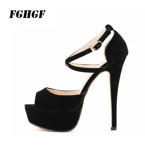 

women's high heels thin buckle strap peep toe flock material evening banquet comfortable wear dress shoes, Black