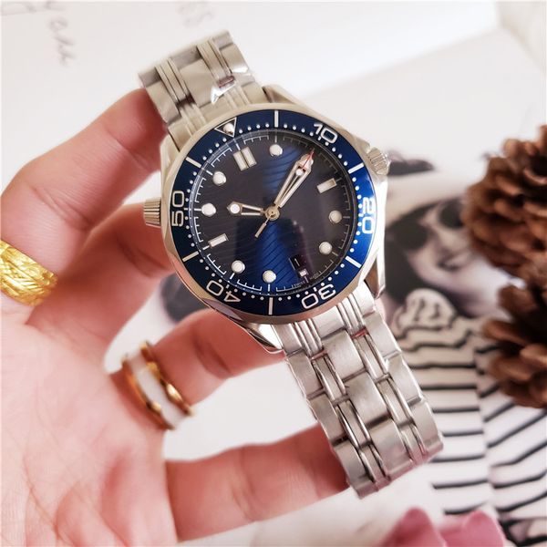 

42mm mens watch automatic movment stainless steels/rubber band black blue dial sport men watches, Slivery;brown