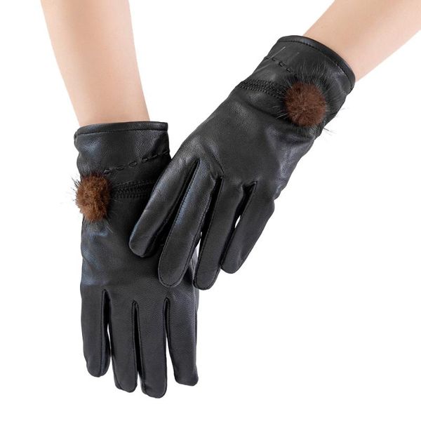 

five fingers gloves mink furwarm keep mitten fashion black genuine leather women velvet driving men non-slip full palm, Blue;gray