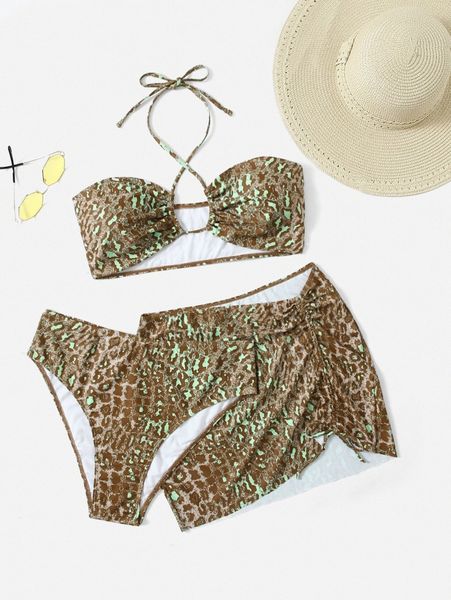 

3pack plus leopard halter bikini swimsuit & beach skirt 10as#, Black