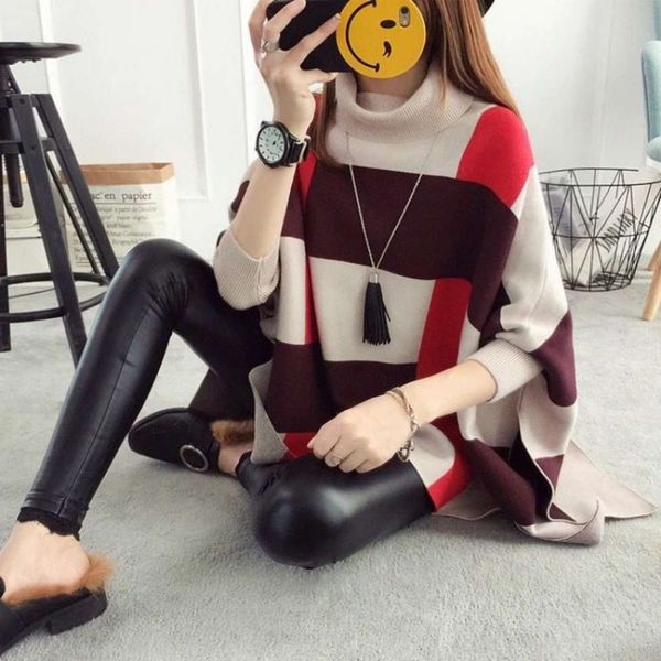

high neck color coat sweater cloak loose fashion, White;black