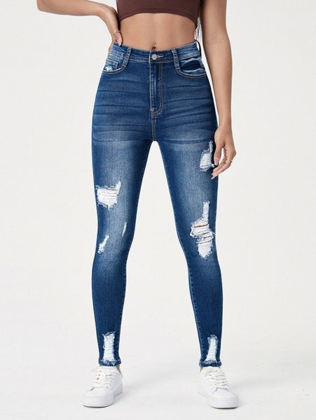 

high waisted ripped skinny jeans c9h1#, Blue