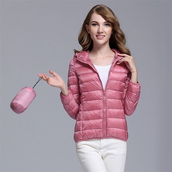 

white duck down jacket women 8x solid ultralight thin stand collar hooded fashion slim autumn and winter casual basic portabcoat 211007, Black