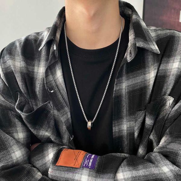 

earrings & necklace retro roman english circle ring pendant titanium steel men's fashion niche design hip hop sweater chain, Silver