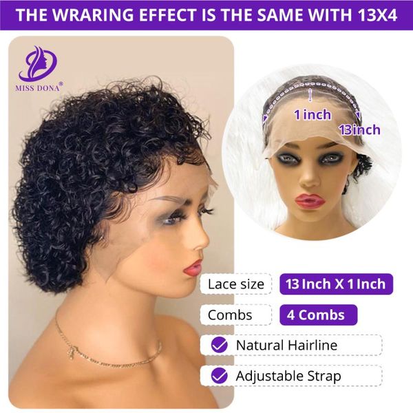 

lace wigs 13x1 pixie curl short bob peruvian human hair for black women high density 180 gurg color, Black;brown