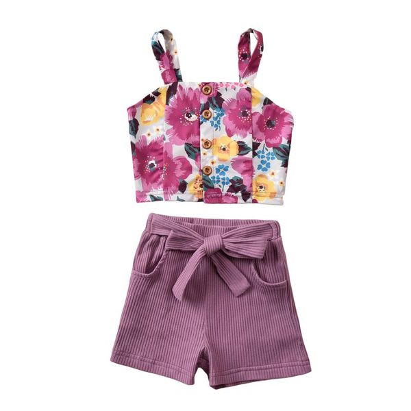 

clothing sets summer casual kids girls clothes 0-5y floral print sleeveless single breasted sling bow shorts 2pcs set, White