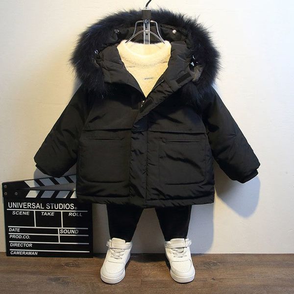

winter kids clothes boys coat baby fur collar hooded cotton thickened warm jacket for childrens outwears boys 2-8years, Blue;gray