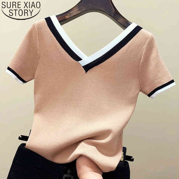 

women short sleeve tshirt v-neck fashion contrast color knitted shirt summer tees clothes femme camisetas mujer 13362 210417, White