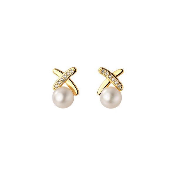 

stud 18k gold authentic real. 925 sterling silver fine jewelry freshwater pearl cross "x" cz set earrings c-g8965, Golden;silver