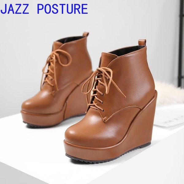 

boots 11cm super high heel lacing platform ankle ladies wedge autumn and winter shoes thickening w271, Black