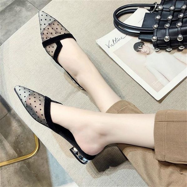 

slippers 2021 mode polka dot outside women slides woman shoes air mesh summer shallow low square heel basic, Black