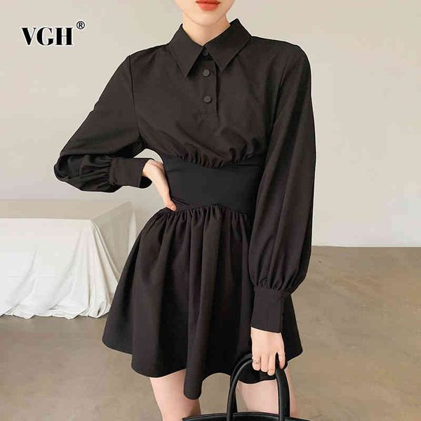 

vgh black elegant dress for women lapel lantern long sleeve high waist ruched slim casual mini dresses female fashion style 210421, Black;gray