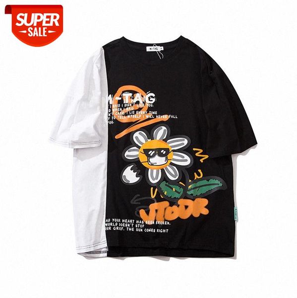 

american high street color matching printed t-shirt loose smiling face sun flower graffiti print short-sleeved tee men and women #9c0l, White;black