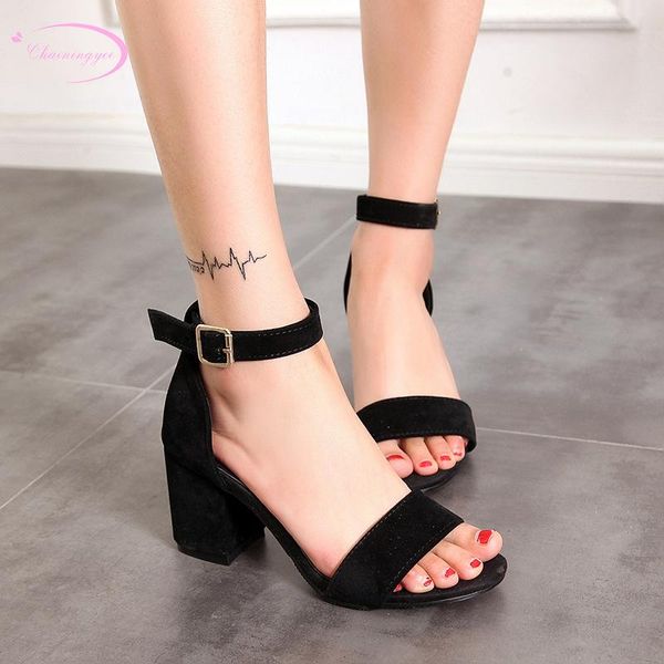 

dress shoes casual style summer cool sandals fashion buckle strap pink black red white high-heeled chunky heels women's big size