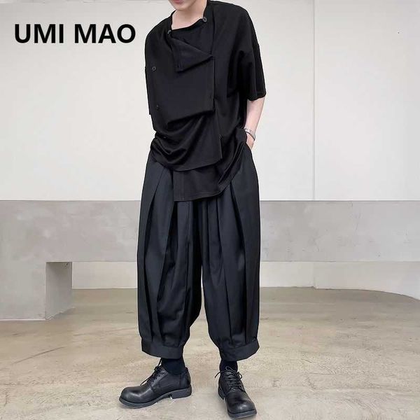 

men's pants umi mao yamamoto style personality pleated beam mouth tie dark trend nine-point men women pantalones hombre, Black