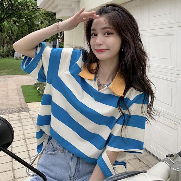 

women's t-shirt striped t-shirts women summer design soft bf turn-down collar hole loose students chic all-match korean harajuku camise, White