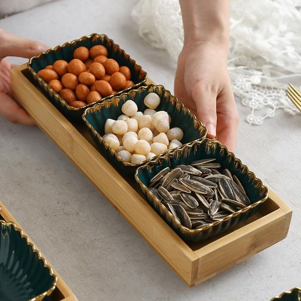 

kitchen items ceramic dish wood tray green gold rim creative trays home party snack dessert plate fruits platter serving storage & organizat
