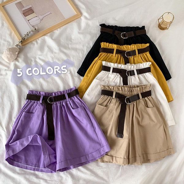 

women's shorts 2021 summer casual high waist with belt women elegant solid wide leg loose cotton short pants korean sweet girls, White;black