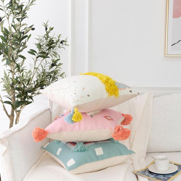 

pink alpaca cushion cover embroidery pillow case with tassels blue sofa couch girl bed rectangle home decor 30x60cm cushion/decorative