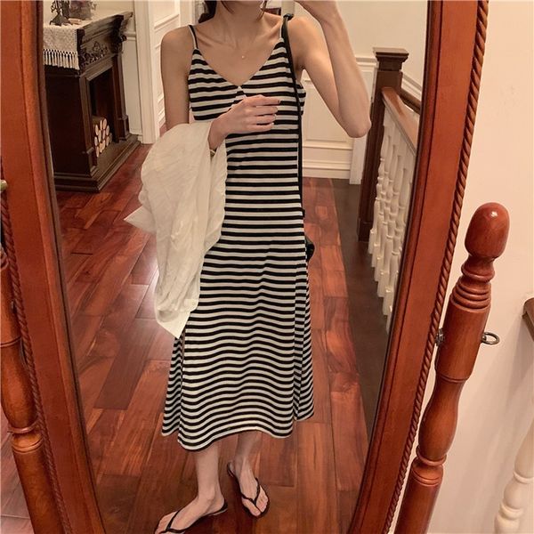 

womens maxi v-neck stripe sling party dress summer sleeveless solid color dresses 2021, Black;gray