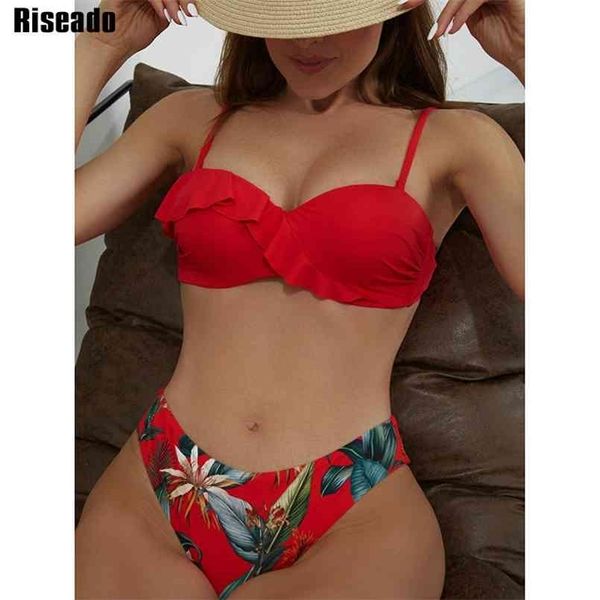 Riseado Sexy Bikinis Push Up Swimwear Mulheres Swimsuits Red Ruffle Biquini Floral Impressão Biquini Thong Banhando Ternos Verão 210630