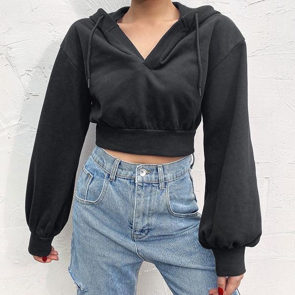 

women's hoodies & sweatshirts women designers clothes v neck drawstring women exposed navel autumn long sleeve solid loose fi, Black