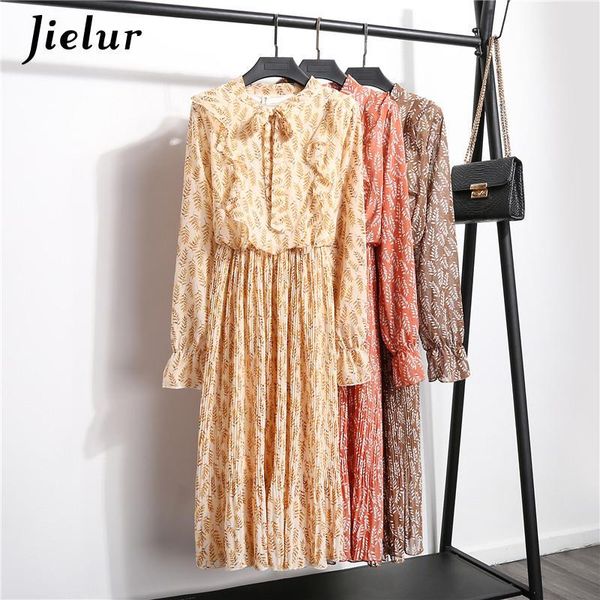 

casual dresses korean chiffon dress women long sleeve pleated vintage simple bowtie print ruffle spring autumn elegant, Black;gray