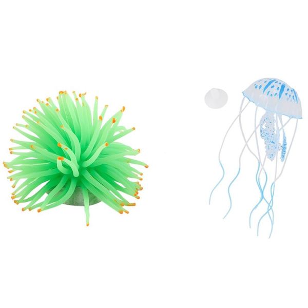 

decorations luminous artificial jellyfish for aquarium fish tank ornament blue with decorative green sea anemone