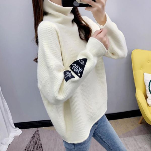 

women's sweaters turtleneck women knitted sweater loose korean style outer wear 2021 autumn and winter lazy thickened bottoming shirt, White;black