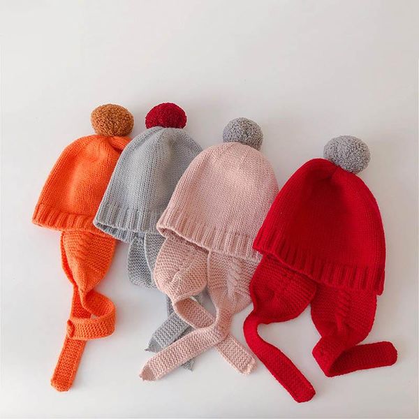 

caps & hats autumn winter baby hat warm crochet children toddler beanie colorful pompom ear protection kids girl boy bonnet cap, Yellow