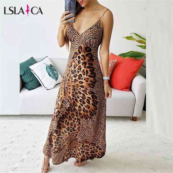 Sling Leopard Sexy Frauen Kleid Drucken Schmetterling V-ausschnitt Ärmelloses Maxi Chiffon Elegante Prty Kleid Strand Vestidos 210331