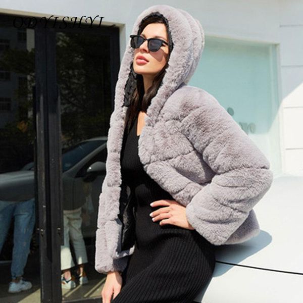 

women's fur & faux luxury panelled coats women parka short furry jacket hooded winter elegant female thick warm outerwear, Black