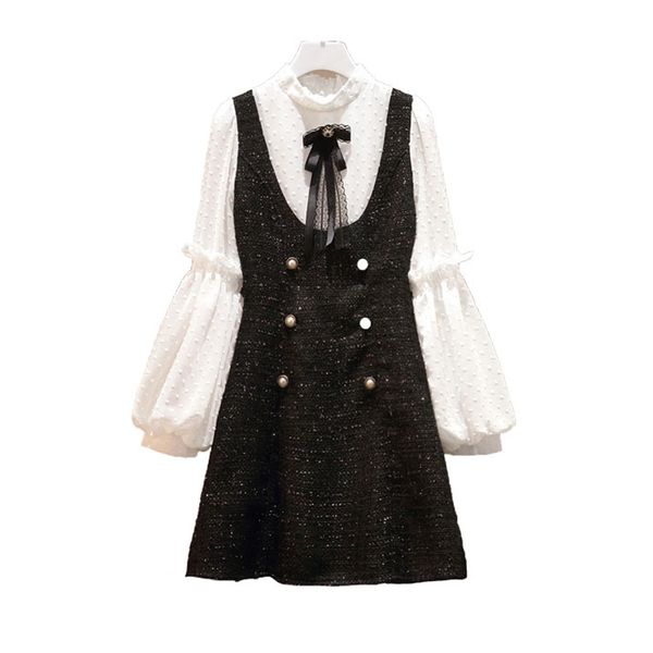 

tweed stand collar chiffon patchwork bow button puff sleeve long mini dress d1594 210514, Black;gray