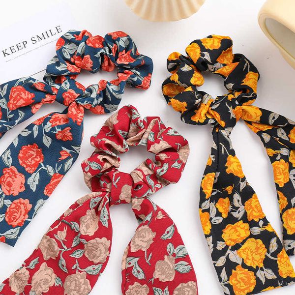 

spring circle flower ribbon hair large inttine loop tie horsetail head rope silk scarf dual purpose headdrs, Golden;silver