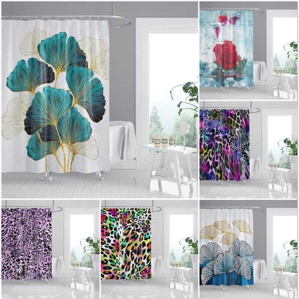 

shower curtains green leaves flower 3d leopard pattern polyester bath screen waterproof bathroom decor with hooks