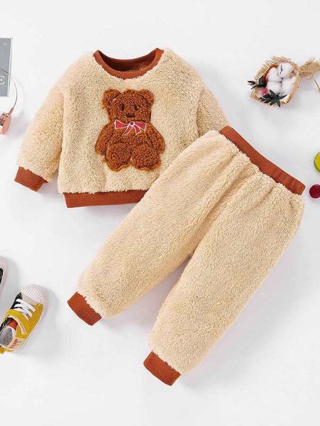 

baby bear patch detail contrast trim flannel sweatshirt & pants she, White