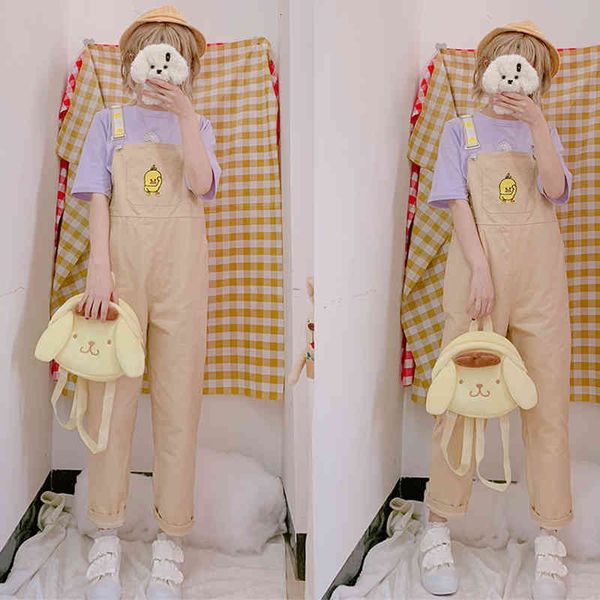

women's jumpsuits & rompers summer women college wind cute duck embroidered jumpsuit loose harajuku sweet rainbow color bib pants femal, Black;white