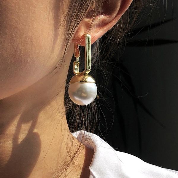 

hoop & huggie u-magical french vintage oversize imitation pearl earring for women gold metallic geometric hollow out jewelry, Golden;silver