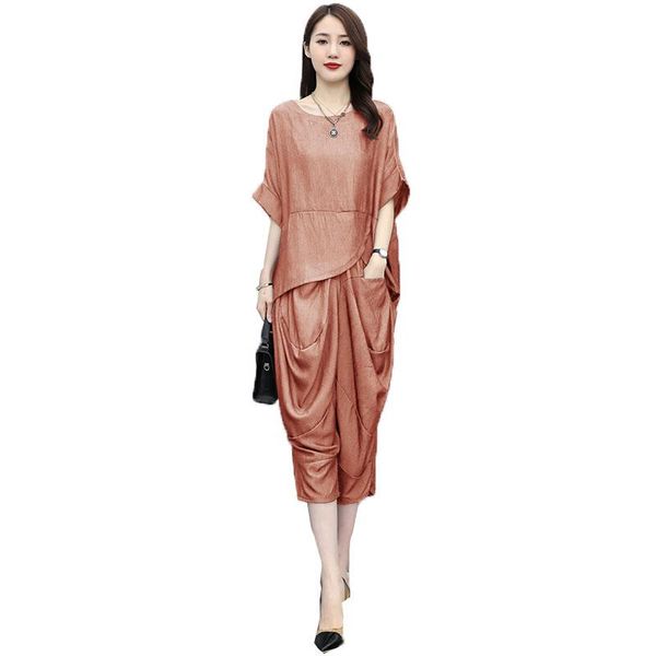 

women's two piece pants women summer set 2021 female simplicity generous suit ladies loose large size 2 lady elegant outfit b1064, White