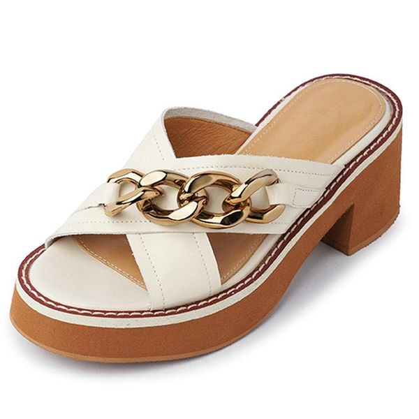 

metal chain female slippers punk summer platform shoes woman 2021 fashion genuine leather basic casual women sandals, Black
