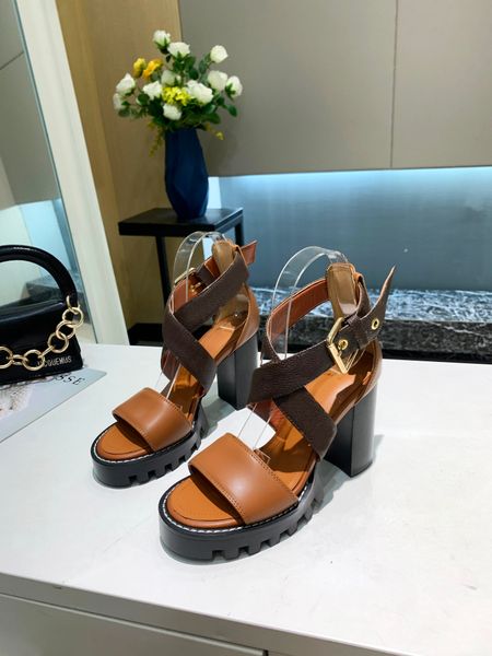 

2022 women chunky heel platform ankle sandal adjustable strappy calf leather shoe double metal buckle lady summer party dress wedding, Black
