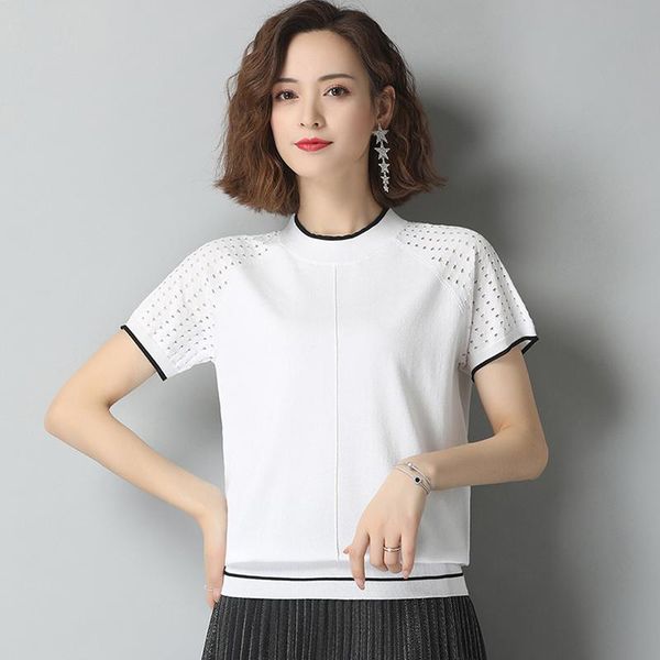 

women's t-shirt summer t shirt 2021 fashion hollow-out short sleeve tee shirts femme o-neck casual cotton solid tees, White