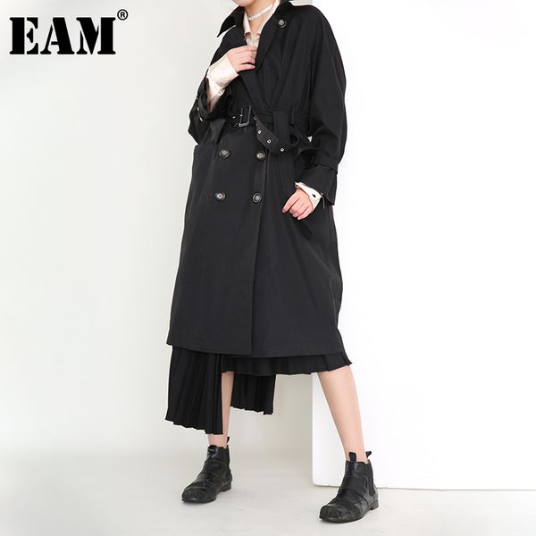 

[eam] women big size long cuff bandage trench lapel long sleeve loose fit windbreaker fashion spring autumn 1dd076501 21512, Tan;black