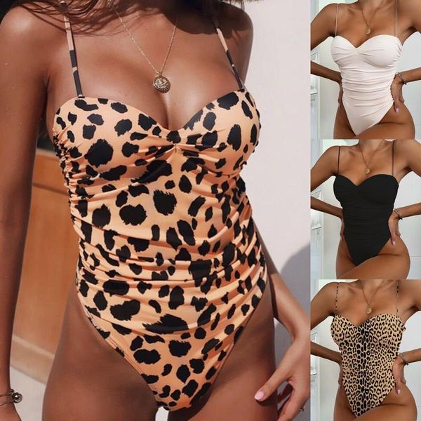 

women's swimwear 2021 swimsuit fashionista lady containing chest pad solid siamese set piece print high waist bikini, White;black