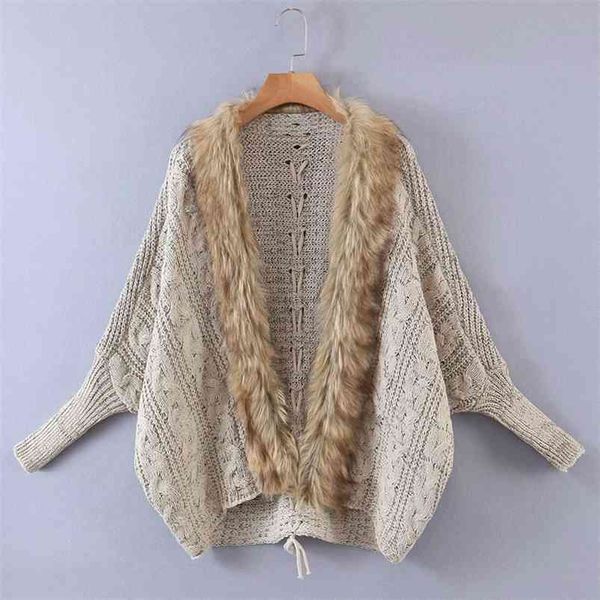 

women autumn cardigans knitted sweater coats loose batwing sleeve open stitch fur collar female bandage outerwear 210513, White;black